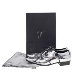 Pre Owned Giuseppe Zanotti Metallic Silver Patent Leather Lace Up Oxfords Size 37