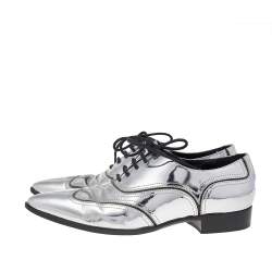 Pre Owned Giuseppe Zanotti Metallic Silver Patent Leather Lace Up Oxfords Size 37