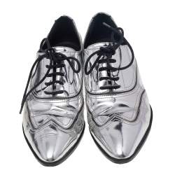 Pre Owned Giuseppe Zanotti Metallic Silver Patent Leather Lace Up Oxfords Size 37