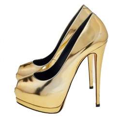 Giuseppe Zanotti Metallic Gold Mirror Leather Peep Toe Platform Pumps Size 37.5