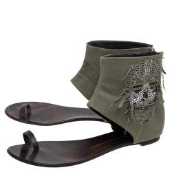 Pre Owned Giuseppe Zanotti Green Canvas Skull Crystal Embellished Toe Ring Zipper Flats Size 41