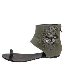 Pre Owned Giuseppe Zanotti Green Canvas Skull Crystal Embellished Toe Ring Zipper Flats Size 41