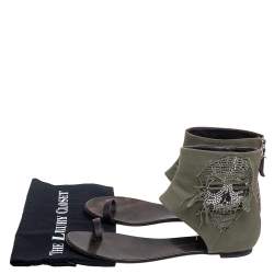 Pre Owned Giuseppe Zanotti Green Canvas Skull Crystal Embellished Toe Ring Zipper Flats Size 41