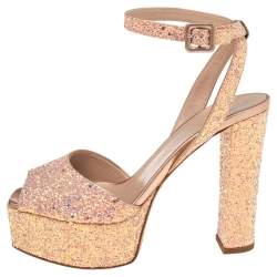 مملوكة مسبقًا Giuseppe Zanotti Pink Coarse Glitter And Leather Ankle Strap Platform Sandals 40.5