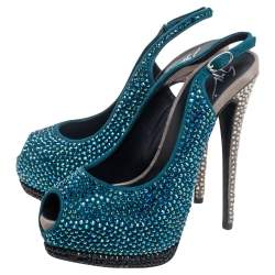 Pre Owned Giuseppe Zanotti Tri Color Suede Crystal Embellished Peep Toe Platform Slingback Sandals Size 37