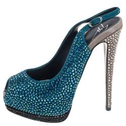 Pre Owned Giuseppe Zanotti Tri Color Suede Crystal Embellished Peep Toe Platform Slingback Sandals Size 37