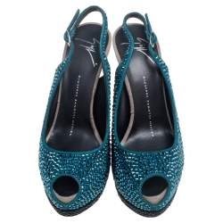 Pre Owned Giuseppe Zanotti Tri Color Suede Crystal Embellished Peep Toe Platform Slingback Sandals Size 37