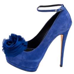 Giuseppe Zanotti Blue Suede Flower Detailed Peep Toe Platform Pumps Size 36.5