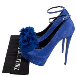 Giuseppe Zanotti Blue Suede Flower Detailed Peep Toe Platform Pumps Size 36.5
