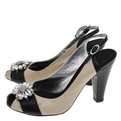 Giuseppe Zanotti Beige/Black Leather And Python Embossed Leather Embellished Slingback Sandals Size 37.5