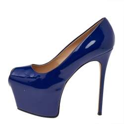 Pre Owned Giuseppe Zanotti Blue Patent Leather Platform Peep Toe Pumps Size 38