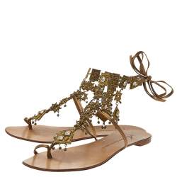 Pre Owned Giuseppe Zanotti Metallic Brown Leather Crystal Embellished T-Strap Sandals Size 38.5