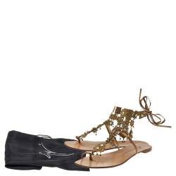 Pre Owned Giuseppe Zanotti Metallic Brown Leather Crystal Embellished T-Strap Sandals Size 38.5
