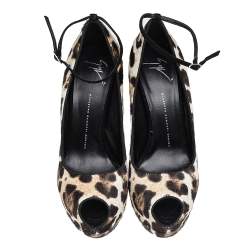 Giuseppe Zanotti Brown/Black Pony Hair And Suede Peep Toe Platform Ankle Strap Pumps Size 41