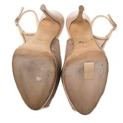 مملوكة مسبقًا صندل جوسيبي زانوتي شبكة وجلد بيج مقدمة مفتوحة بحزام للكاحل نعل سميك مقاس 37