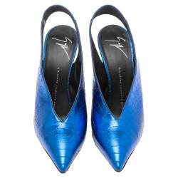 Pre Owned Giuseppe Zanotti Metallic Blue Python Embossed Leather Slingback Pointed Toe Sandals Size 37
