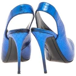 Pre Owned Giuseppe Zanotti Metallic Blue Python Embossed Leather Slingback Pointed Toe Sandals Size 37