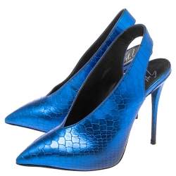Pre Owned Giuseppe Zanotti Metallic Blue Python Embossed Leather Slingback Pointed Toe Sandals Size 37
