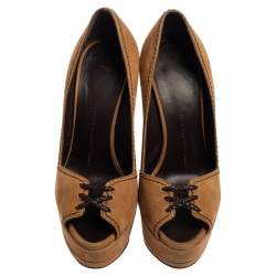 Pre Owned Giuseppe Zanotti Tan Nubuck Leather Peep Toe Platform Pumps Size 37