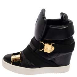 Pre Owned Giuseppe Zanotti Black Leather Double Buckle Wedge Sneakers Size 37