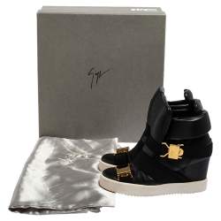 Pre Owned Giuseppe Zanotti Black Leather Double Buckle Wedge Sneakers Size 37