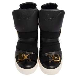 Pre Owned Giuseppe Zanotti Black Leather Double Buckle Wedge Sneakers Size 37