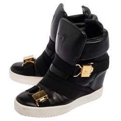 Pre Owned Giuseppe Zanotti Black Leather Double Buckle Wedge Sneakers Size 37