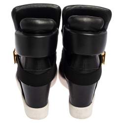 Pre Owned Giuseppe Zanotti Black Leather Double Buckle Wedge Sneakers Size 37