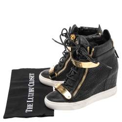 Pre Owned Giuseppe Zanotti Black Croc Embossed Leather Lorenz Wedge Sneakers Size 37.5