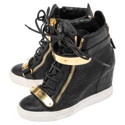 Pre Owned Giuseppe Zanotti Black Croc Embossed Leather Lorenz Wedge Sneakers Size 37.5