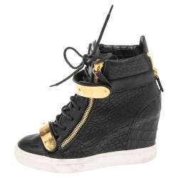 Pre Owned Giuseppe Zanotti Black Croc Embossed Leather Lorenz Wedge Sneakers Size 37.5