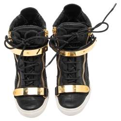 Pre Owned Giuseppe Zanotti Black Croc Embossed Leather Lorenz Wedge Sneakers Size 37.5