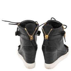 Pre Owned Giuseppe Zanotti Black Croc Embossed Leather Lorenz Wedge Sneakers Size 37.5