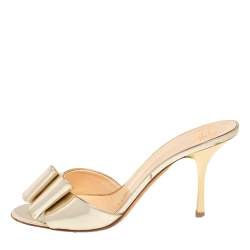Pre Owned Giuseppe Zanotti Metallic Gold Leather Bow Mule Sandals Size 38.5