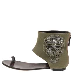 Pre Owned صندل فلات جوسيبي زانوتي كانفاس أخضر مزخرف كريستال جمجمة مزينة مقاس 36