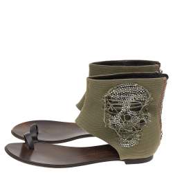 Pre Owned صندل فلات جوسيبي زانوتي كانفاس أخضر مزخرف كريستال جمجمة مزينة مقاس 36