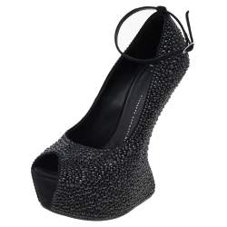 Giuseppe Zanotti Black Crystal Embellished Suede Heelless Peep Toe Platform Pumps Size 40.5