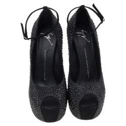 Giuseppe Zanotti Black Crystal Embellished Suede Heelless Peep Toe Platform Pumps Size 40.5