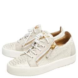 Pre Owned Giuseppe Zanotti Grey Python Embossed Leather and Leather Lace up Sneakers Size 37.5