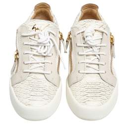 Pre Owned Giuseppe Zanotti Grey Python Embossed Leather and Leather Lace up Sneakers Size 37.5