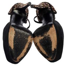 Pre Owned Giuseppe Zanotti Black Suede Crystal Embellished Ankle-Strap Peep-Toe Sandals Size 38