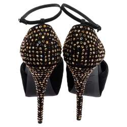 Pre Owned Giuseppe Zanotti Black Suede Crystal Embellished Ankle-Strap Peep-Toe Sandals Size 38