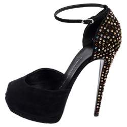 Pre Owned Giuseppe Zanotti Black Suede Crystal Embellished Ankle-Strap Peep-Toe Sandals Size 38
