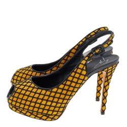 Giuseppe Zanotti Yellow/Black Suede And Fabric Platform Peep Toe Slingback Sandals Size 38.5