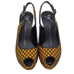 Giuseppe Zanotti Yellow/Black Suede And Fabric Platform Peep Toe Slingback Sandals Size 38.5