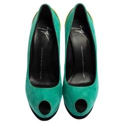 Giuseppe Zanotti Tri-Color Suede And Patent Leather Peep Toe Platform Pumps Size 37