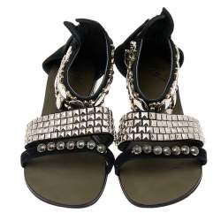 Giuseppe Zanotti Black Suede Studded Ankle Cuff Flat Sandals Size 36