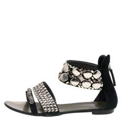 Giuseppe Zanotti Black Suede Studded Ankle Cuff Flat Sandals Size 36