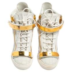 Pre Owned Giuseppe Zanotti White Croc Embossed Leather Coby High-Top Sneakers Size 38