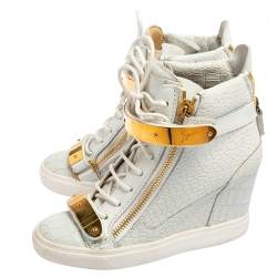 Pre Owned Giuseppe Zanotti White Croc Embossed Leather Coby High-Top Sneakers Size 38